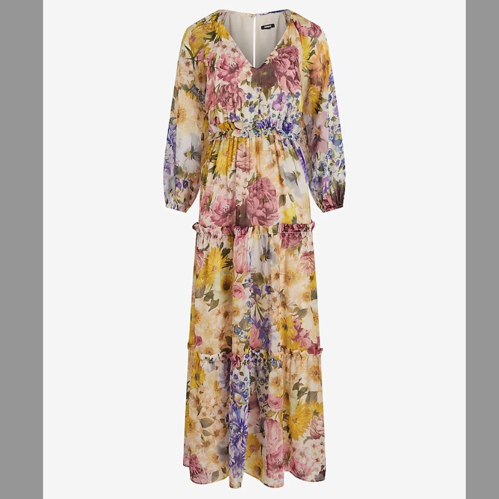 Express NWT Size L Floral V-Neck Long Sleeve Tiered Ruffle Maxi Dress